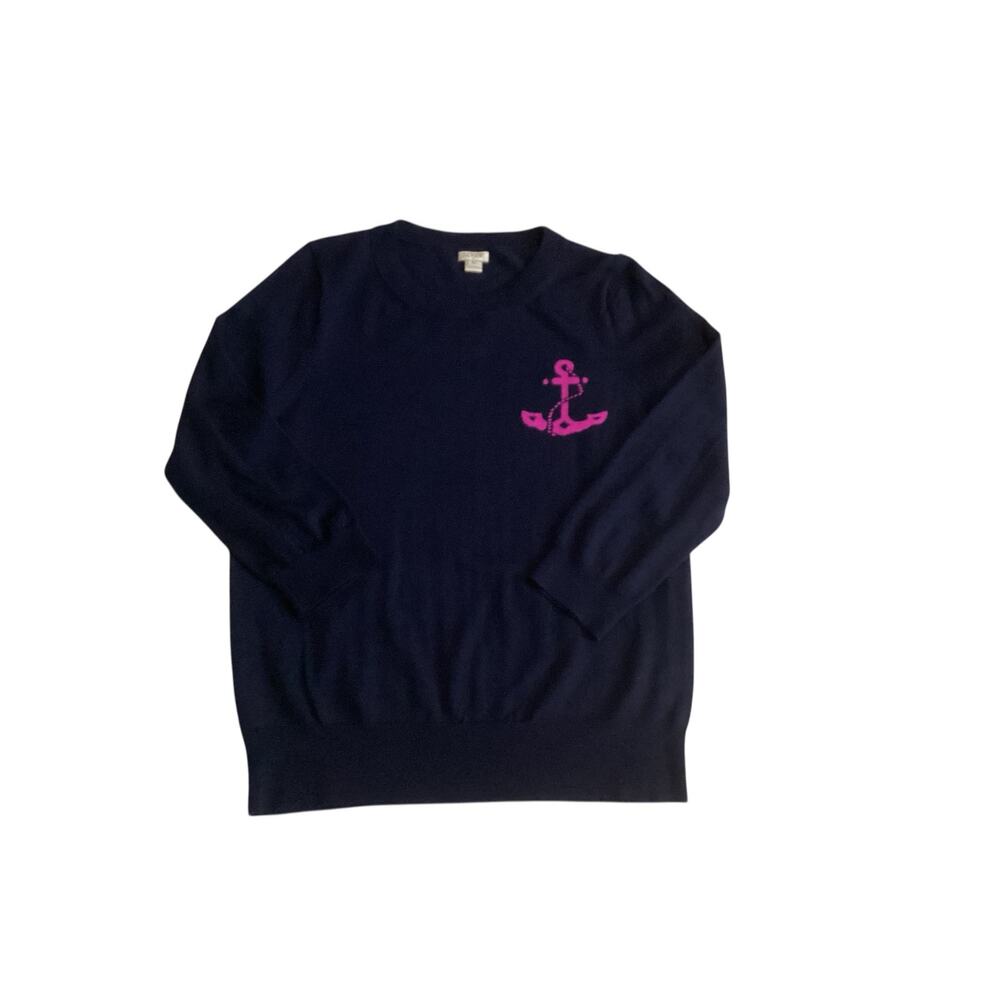 J.Crew Women's Navy Blue 100% Merino Wool Crewneck Sweater Pink Anchor Logo XL - Picture 4 of 8